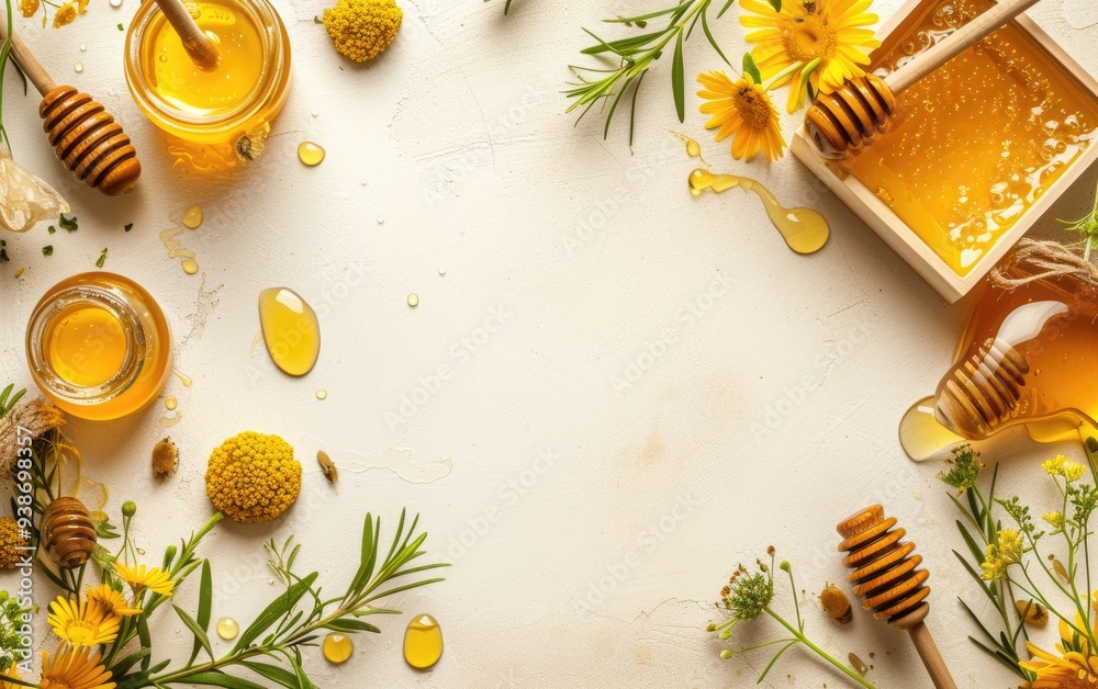 Realistic top view of sweet golden honey jars and wooden dippers with yellow flowers and green olive leaves on a white surface background. Empty greeting frame