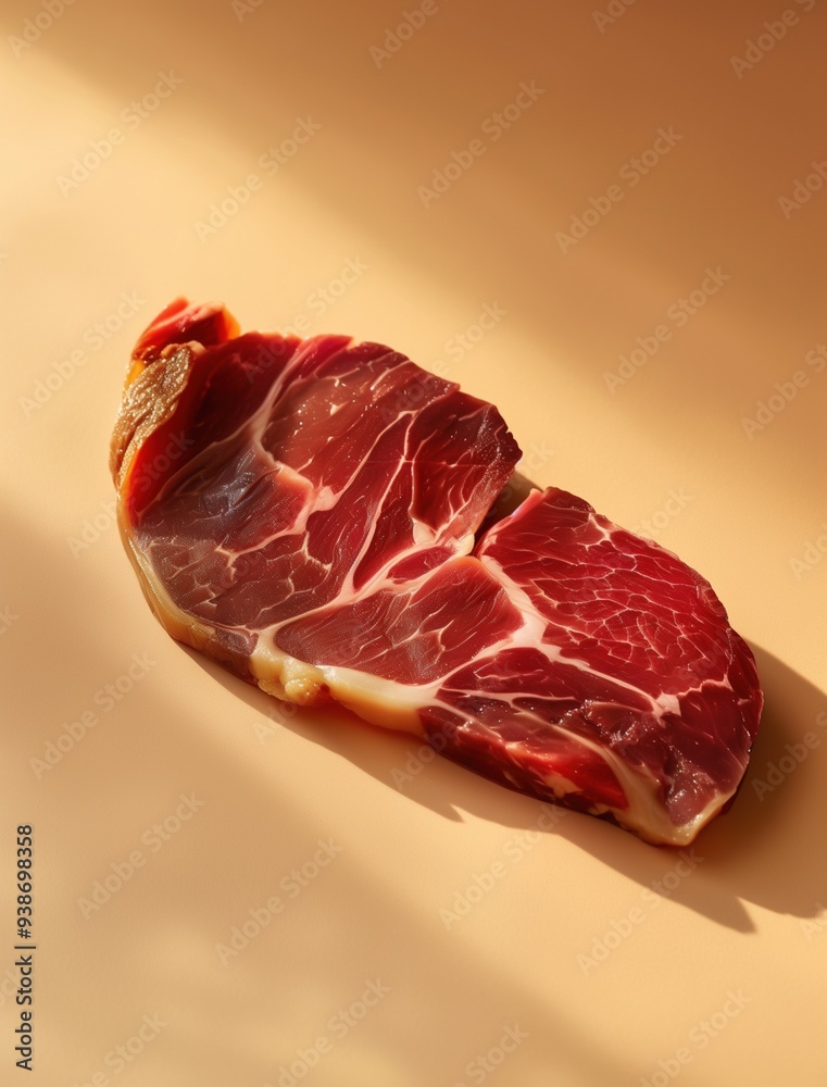 Thinly Sliced Jamon Iberico on Beige, Gourmet Charcuterie Still Life Thinly Sliced Jamon Iberico on Beige, Gourmet Charcuterie Still Life