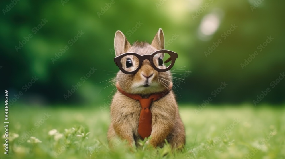 Naklejka premium Cute Bunny with Glasses and a Tie
