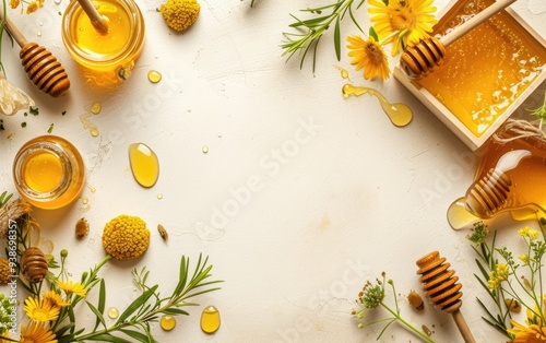 Obraz na płótnie Realistic top view of sweet golden honey jars and wooden dippers with yellow flowers and green olive leaves on a white surface background. Empty greeting frame w salonie
