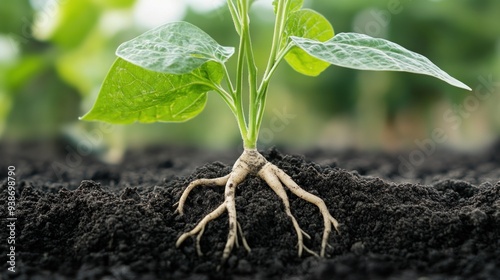 Illustration of soybean plant with roots in the soil. Ai generated image