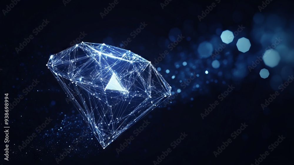 Abstract image of a diamond. Business wireframe concept. With dark blue background. Low poly wireframe with lines, dots and glowing particles Abstract image of a diamond. Business wireframe concept. With dark blue background. Low poly wireframe with lines, dots and glowing particles