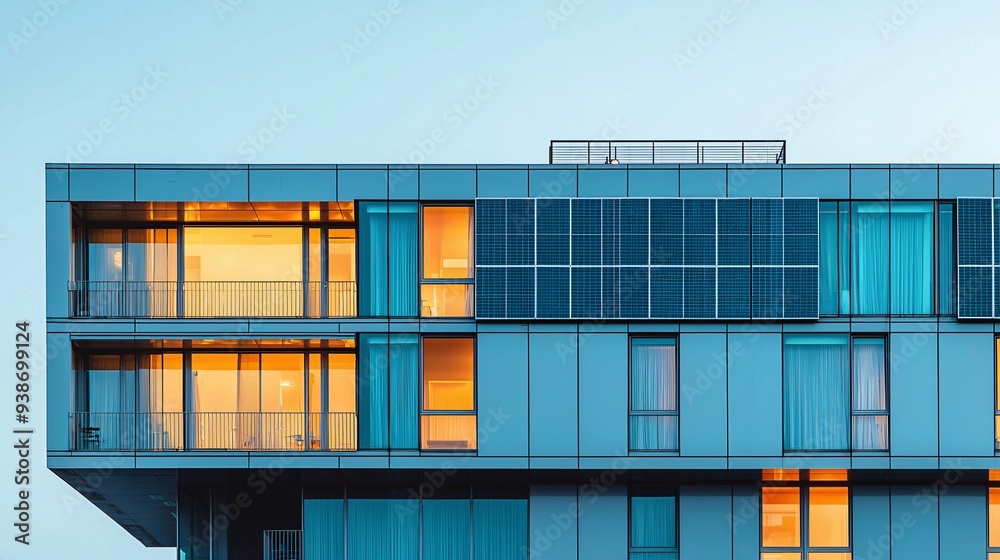 Rooftop solar panels on a high-rise building, urban sustainability ...