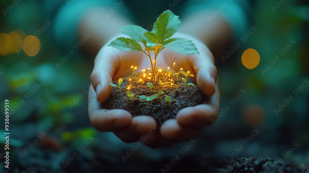 Fototapeta premium Nurturing New Growth: A pair of hands cradles a seedling, its roots glowing with a soft, ethereal light, symbolizing the potential for growth and renewal in nature. 