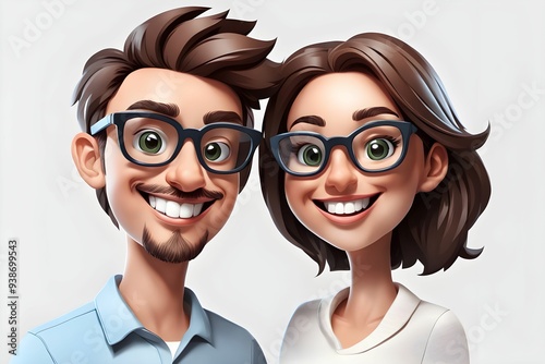 Happy smiling cartoon character young man and woman in 3D style wearing glasses on white background