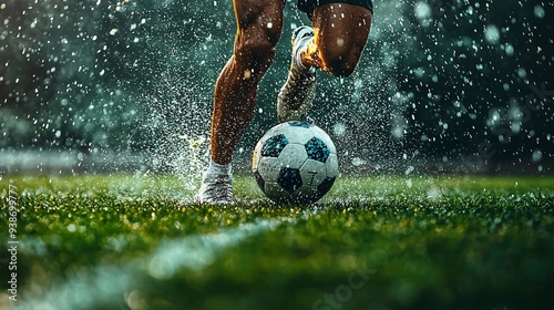 Soccer player dribbling the ball, fierce determination, muscular legs in motion, green field