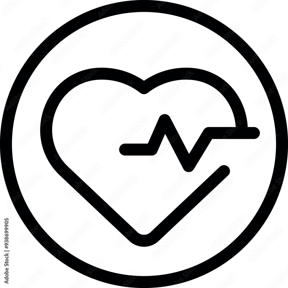 Simple black and white icon of a heartbeat inside a circle representing healthcare and cardiology Simple black and white icon of a heartbeat inside a circle representing healthcare and cardiology