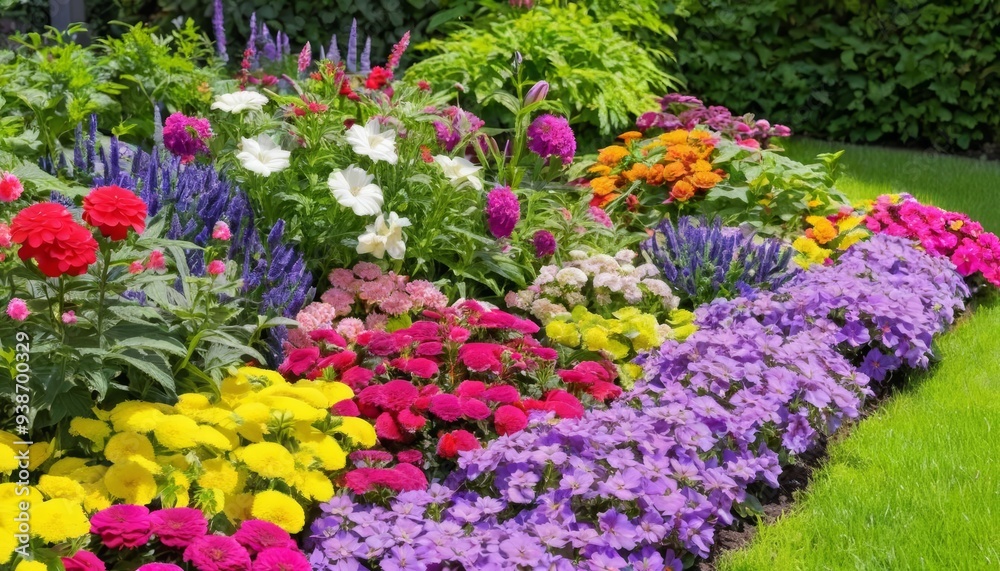 Naklejka premium Vibrant garden bed with a rainbow of blooms
