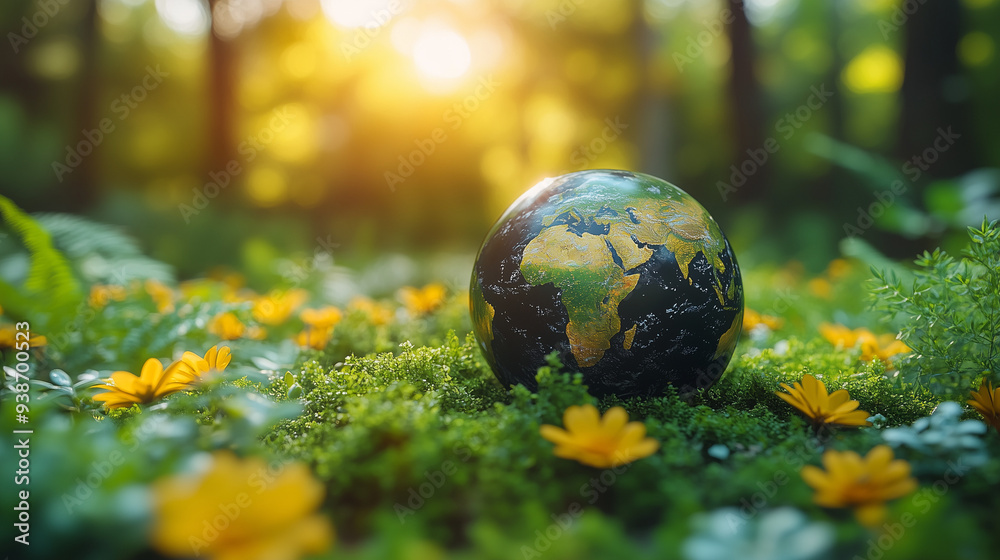 A World of Hope: A globe rests peacefully amidst a vibrant, sun-drenched forest, symbolizing the interconnectedness of nature and the importance of environmental preservation. The lush greenery and go A World of Hope: A globe rests peacefully amidst a vibrant, sun-drenched forest, symbolizing the interconnectedness of nature and the importance of environmental preservation. The lush greenery and go