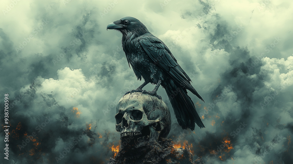 Raven on Skull in Apocalyptic Sky: A solitary raven perches atop a human skull amidst a backdrop of swirling smoke and fire, symbolizing death, mystery, and the ominous nature of an apocalyptic landsc