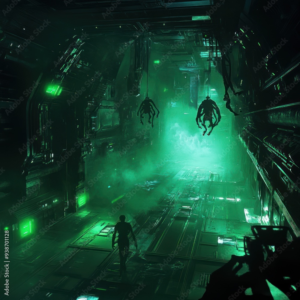 Naklejka premium Illustration of an eerie green light and a skeleton floating in the darkness. Ai generated image