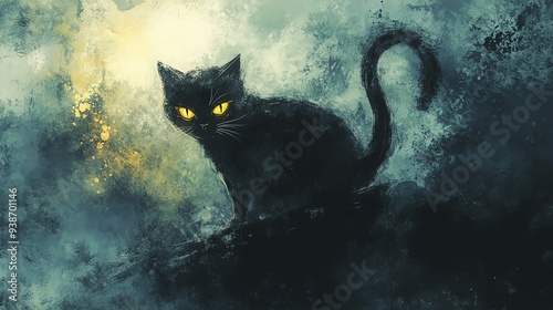 A mysterious black cat with glowing yellow eyes sits on a dark, foggy night, creating an eerie and haunting atmosphere in digital art. photo