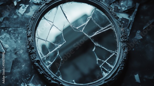 Close-up of a shattered old mirror with intricate detailing, reflecting a blurred background, surrounded by broken glass pieces. photo