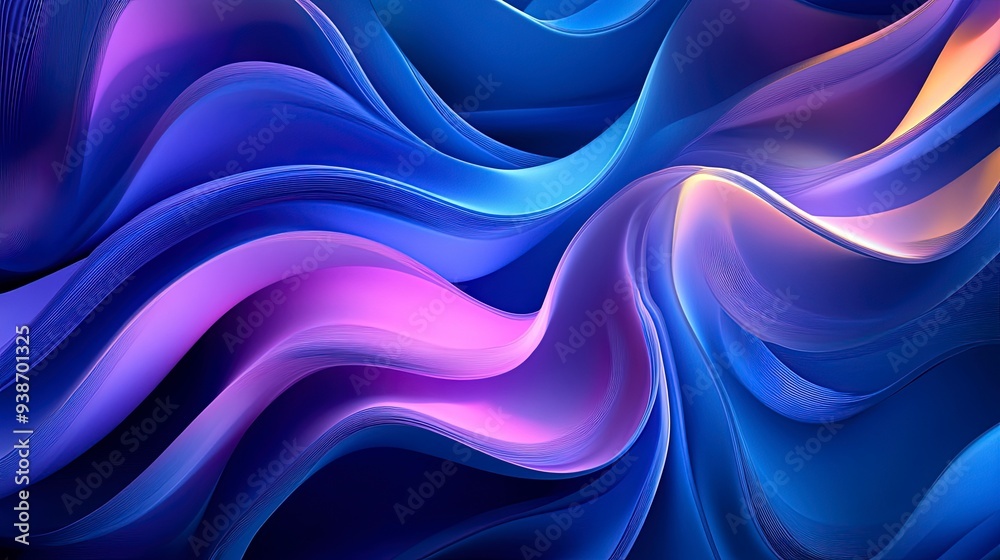 Obraz premium 3D background with flowing abstract shapes, vibrant gradients of blue and purple, soft lighting creating depth and shadows, a sense of motion and energy. Generative ai
