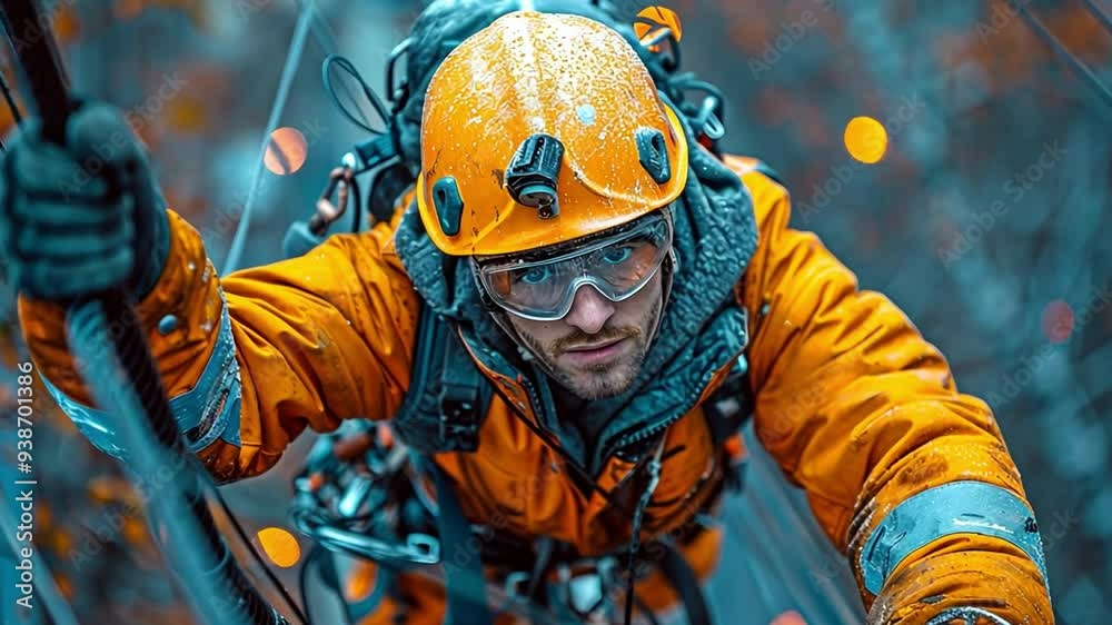 To install the cables, an electrician climbs up an electric pole while donning a safety harness. Electrician climbing an electric pole, electrician mechanic To install the cables, an electrician climbs up an electric pole while donning a safety harness. Electrician climbing an electric pole, electrician mechanic