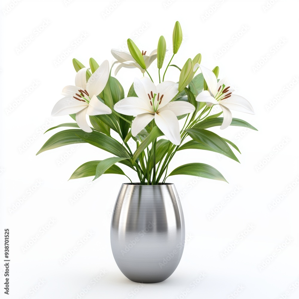 Lilies in a modern metal vase, sleek and stylish, isolated on white, 3D illustration Lilies in a modern metal vase, sleek and stylish, isolated on white, 3D illustration
