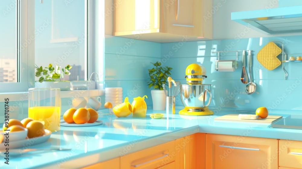 A warm, sunlit kitchen interior features yellow accents and modern appliances, giving off a cheerful and inviting atmosphere