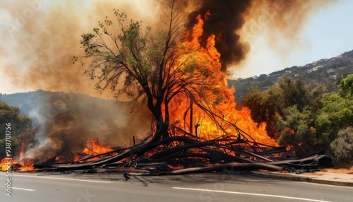  Wildfire engulfs tree on roadside threatening nearby homes photo