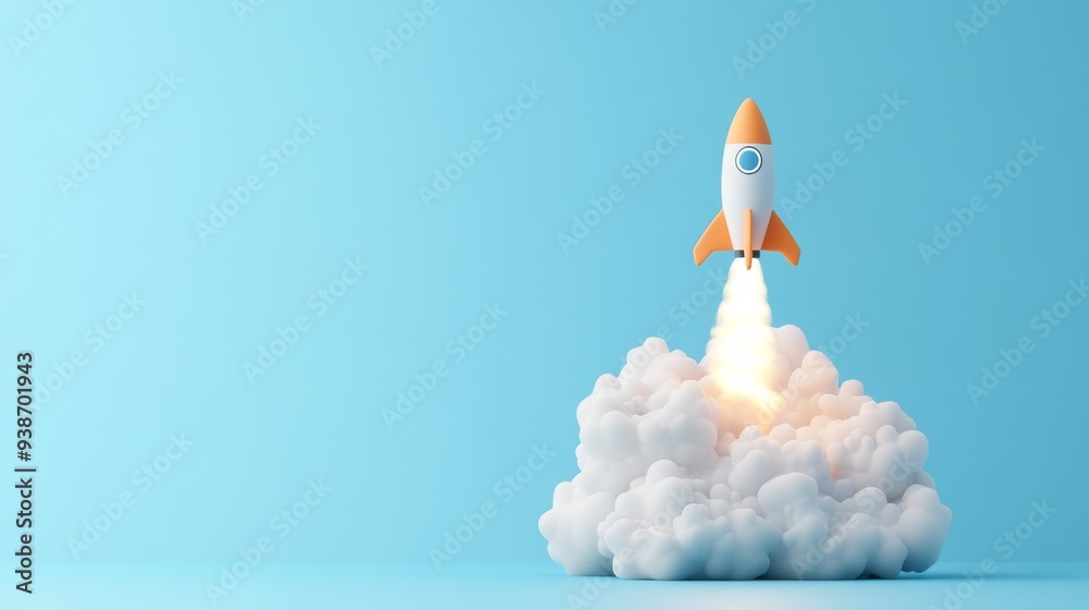 A 3D simple style icon of a cloud with a rocket launching from it symbolizing cloud computing and digital startup concepts designed with clean lines and a minimalistic finish A 3D simple style icon of a cloud with a rocket launching from it symbolizing cloud computing and digital startup concepts designed with clean lines and a minimalistic finish