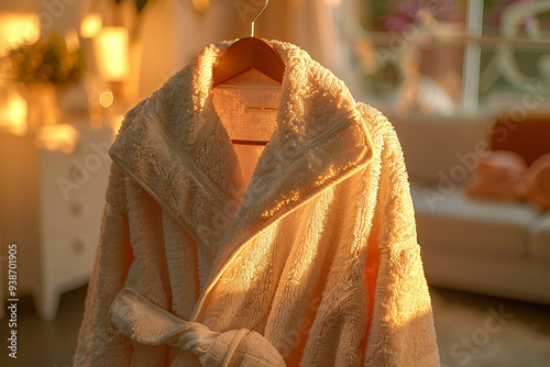 In warm glow of a sunny morning, close-up view of soft terry cloth spa bathrobe on hanger reveals its luxurious texture and inviting comfort, evoking a sense of relaxation and tranquility, as if beck photo