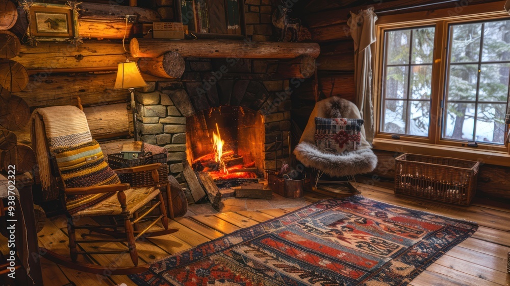 Fototapeta premium Cozy Cabin Interior with Fireplace