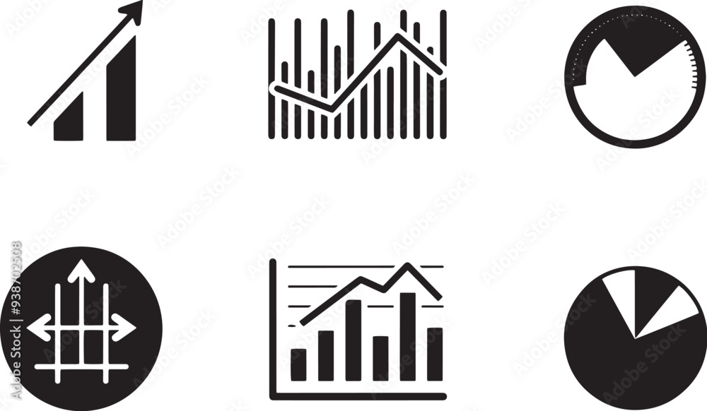 Obraz premium simple vector icon set of website stats, including a bar chart, pie chart, line graph, and analytics dashboard