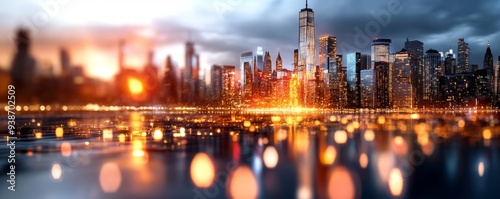 A stunning cityscape with vibrant lights reflecting on water at dusk, highlighting the architectural beauty of an urban skyline.