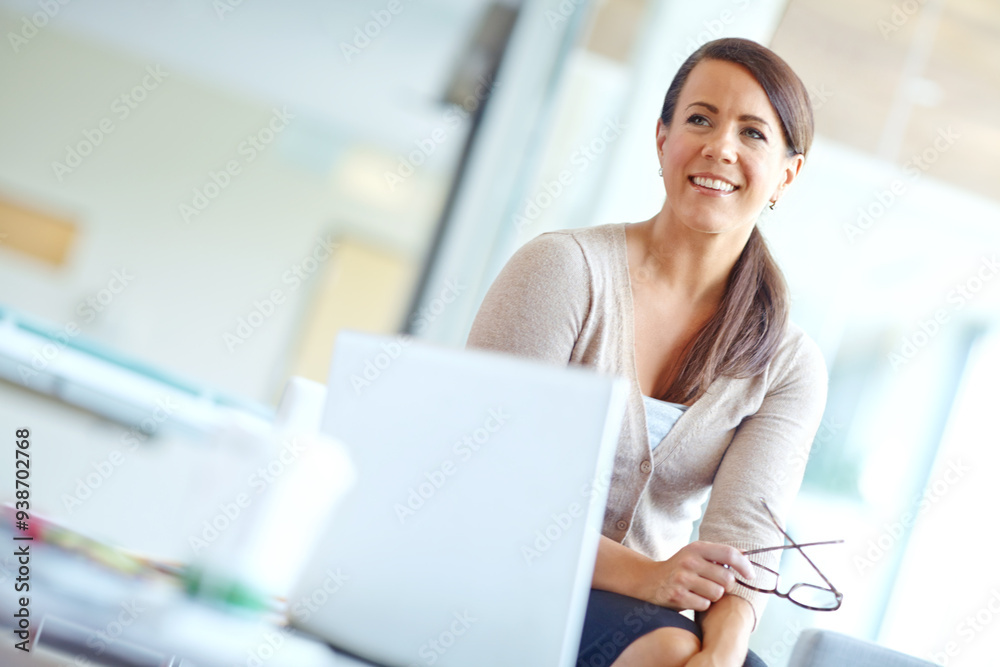 Business, woman and thinking with smile in office for consultation, ambition and appointment planning. Happy, administrator and glasses with digital for about us, proposal goals and career experience Business, woman and thinking with smile in office for consultation, ambition and appointment planning. Happy, administrator and glasses with digital for about us, proposal goals and career experience