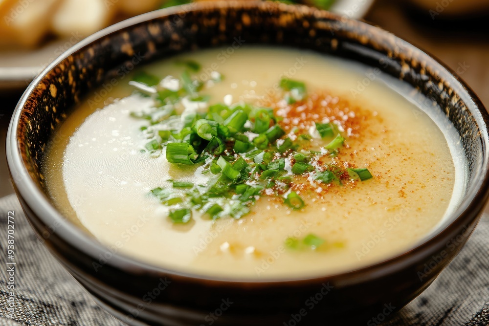 Close-up of Creamy Soup with Green Onions and Spices in a Brown Bowl Close-up of Creamy Soup with Green Onions and Spices in a Brown Bowl