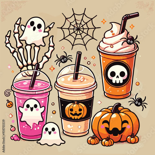 Illustration of four unique Halloween-themed beverages