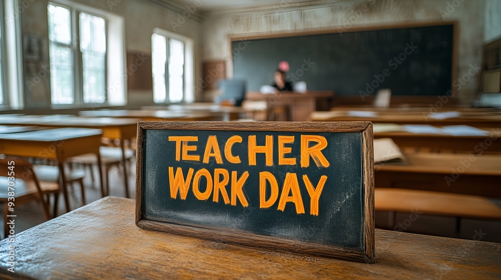 A sign that reads “TEACHER WORK DAY” - empty classroom - no students - teacher is grading papers and working - school