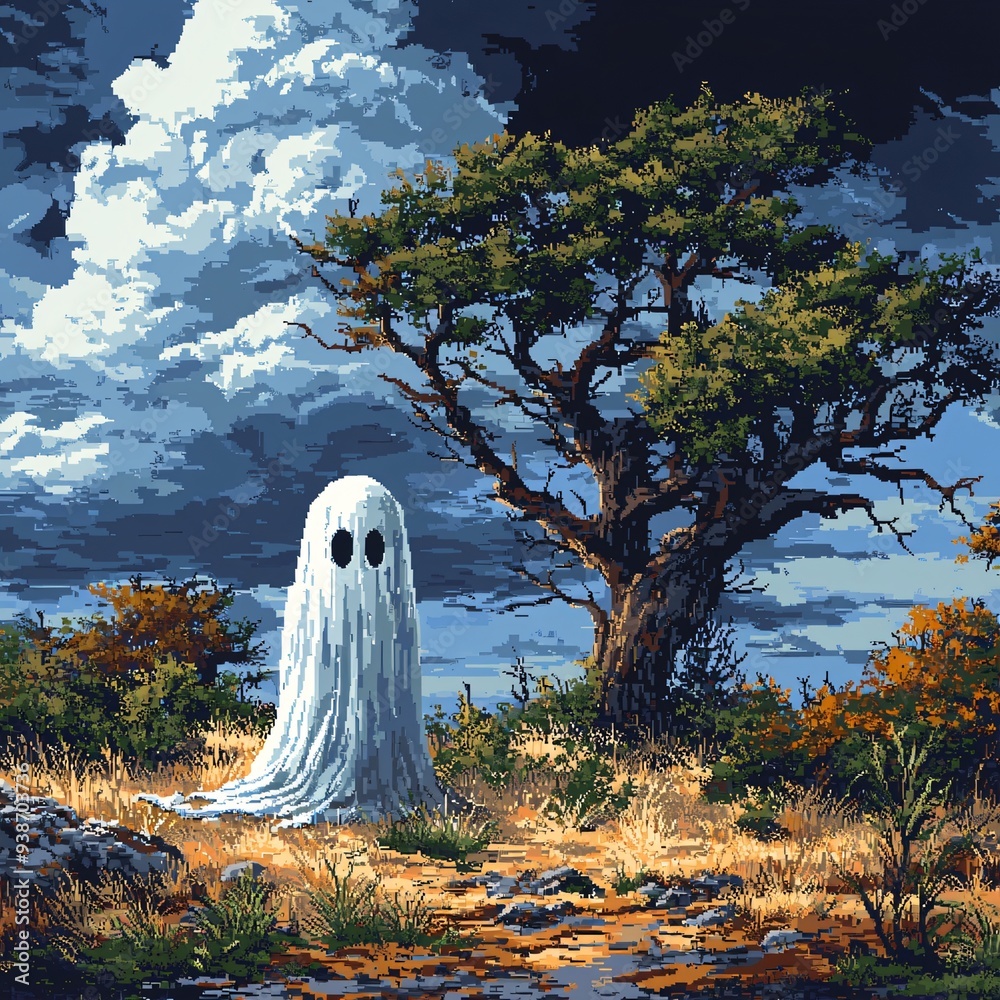 A pixel art representation of a big white Halloween ghost in a tranquil landscape, perfect for spooky decorations or themed events with copy space. A pixel art representation of a big white Halloween ghost in a tranquil landscape, perfect for spooky decorations or themed events with copy space.