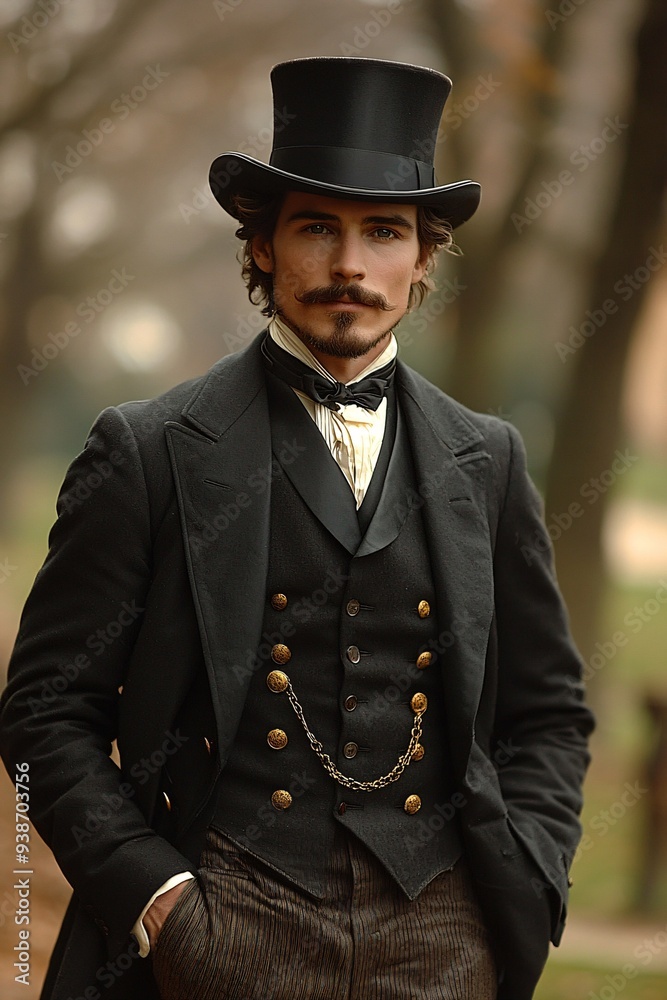 An elegant Edwardian-era man in a top hat and tailcoat, perfect for Halloween-themed projects or vintage-inspired designs with copy space. An elegant Edwardian-era man in a top hat and tailcoat, perfect for Halloween-themed projects or vintage-inspired designs with copy space.