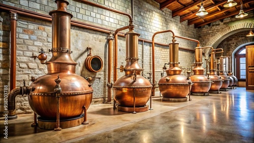 Copper alembic stills in a rustic distillery setting with stone walls and tiled floor, distillery, copper