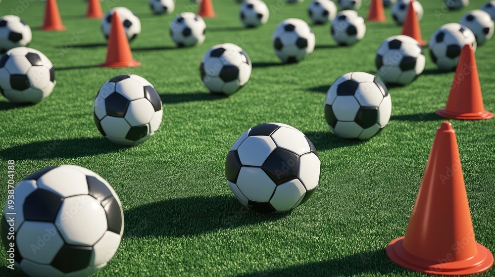 A pattern of soccer balls on cones across a pristine grass field, ideal for sports training visuals. A pattern of soccer balls on cones across a pristine grass field, ideal for sports training visuals.
