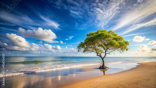 Beautiful seascape with a lone tree on sandy beach, seascape, tree, ocean, beach, isolated, tranquil, serene, nature, horizon