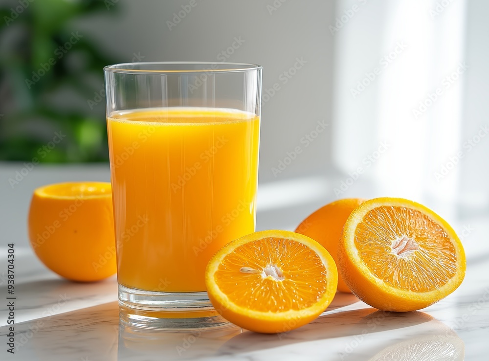 Refreshing glass of orange juice with fresh oranges on a white marble surface, bathed in natural sunlight, ideal for breakfast or healthy living concepts. Refreshing glass of orange juice with fresh oranges on a white marble surface, bathed in natural sunlight, ideal for breakfast or healthy living concepts.