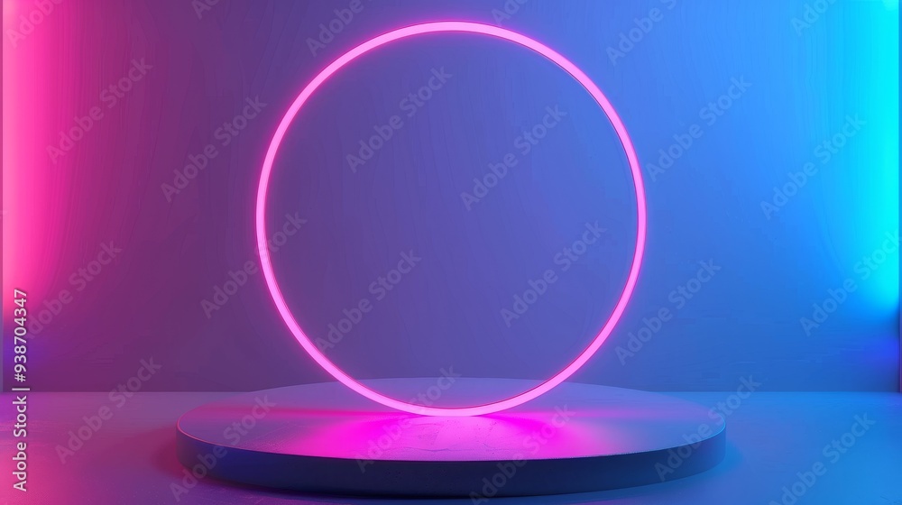 A minimalist presentation of a neon ring light on a circular pedestal, illuminated with pink and blue lighting A minimalist presentation of a neon ring light on a circular pedestal, illuminated with pink and blue lighting