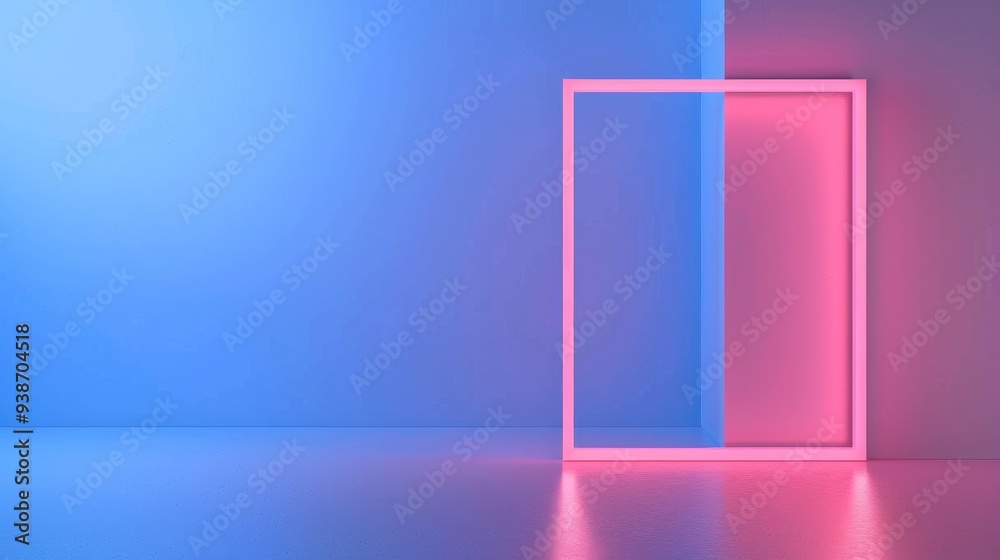 A minimalist composition showcasing a glowing neon light frame against a blue and pink gradient wall, reflecting on the floor