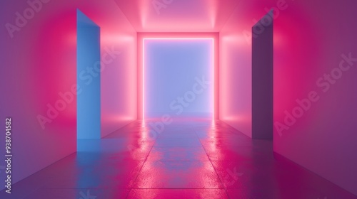 A vibrant image depicting a futuristic hallway bathed in neon pink and blue lights, evoking a sense of mystery and advancement