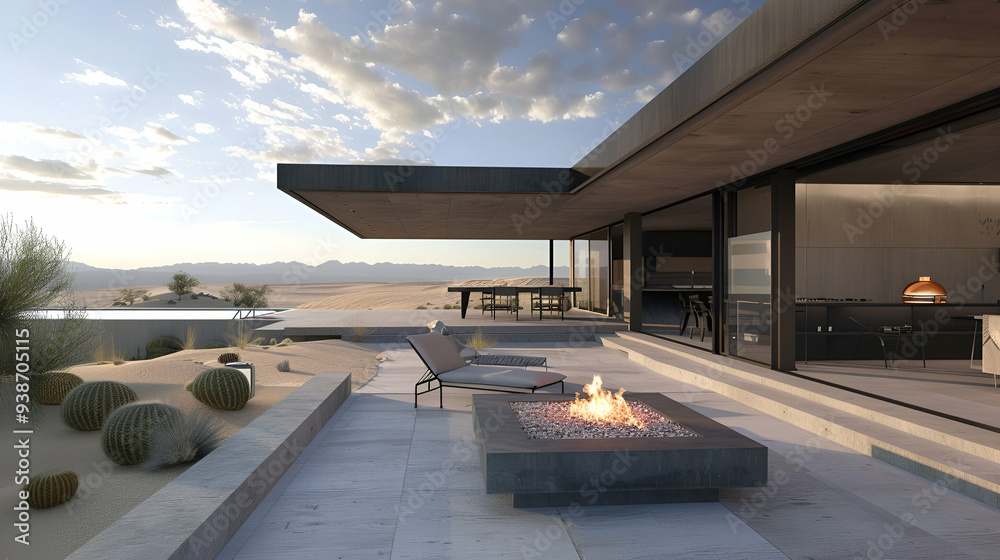 Modern desert home exterior: Sleek patio with a fire pit, outdoor kitchen, cantilevered roof, desert landscaping, and panoramic views of sand dunes Modern desert home exterior: Sleek patio with a fire pit, outdoor kitchen, cantilevered roof, desert landscaping, and panoramic views of sand dunes