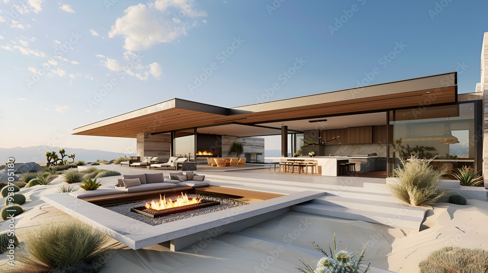 Modern desert home exterior: Sleek patio with a fire pit, outdoor kitchen, cantilevered roof, desert landscaping, and panoramic views of sand dunes Modern desert home exterior: Sleek patio with a fire pit, outdoor kitchen, cantilevered roof, desert landscaping, and panoramic views of sand dunes