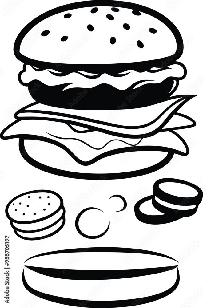 A deconstructed burger silhouette illustration black and white A deconstructed burger silhouette illustration black and white