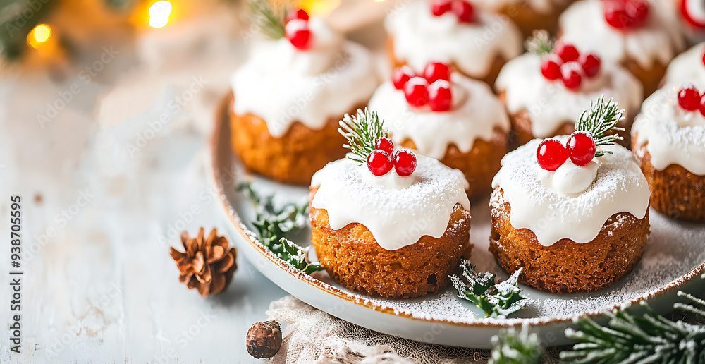 A plate of cute little Christmas cakes with white icing and red berries on top, decorated for the holiday season A plate of cute little Christmas cakes with white icing and red berries on top, decorated for the holiday season