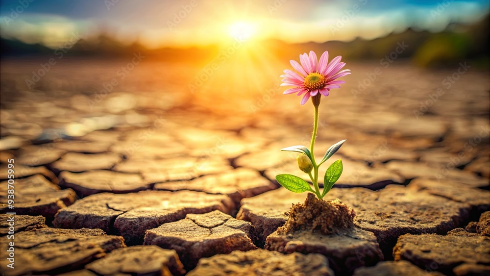 A resilient flower breaks through the dry earth, symbolizing hope and beauty in challenging environments, resilient, flower