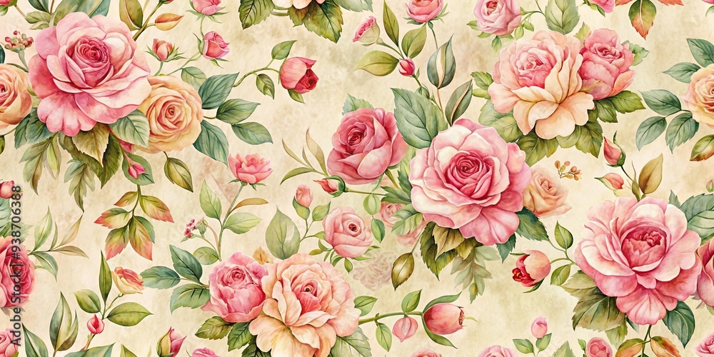 Fototapeta Detailed vintage floral pattern with pink roses, seamless watercolor motif, elegant and abstract background, vintage