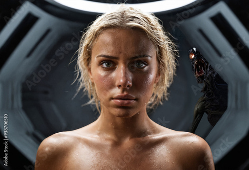 woman hears a noise behind her, listening fearfully, frozen, an alien creature, a monster sneaks around the corner in the background, intruder on the spaceship or space station photo