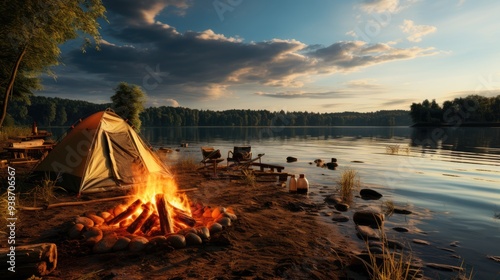 Camping scene with campfire and clouds background, animated virtual repeating seamless 4k  
