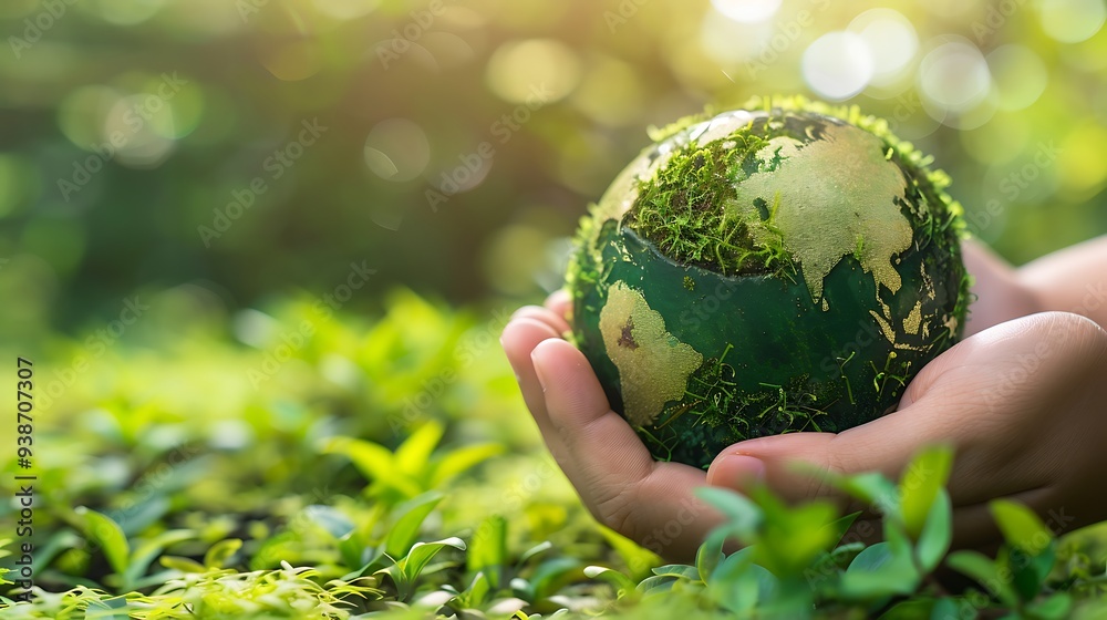 Hands holding miniature globe covered in moss, symbolizing the importance of environmental care and protecting our planet. Hands holding miniature globe covered in moss, symbolizing the importance of environmental care and protecting our planet.