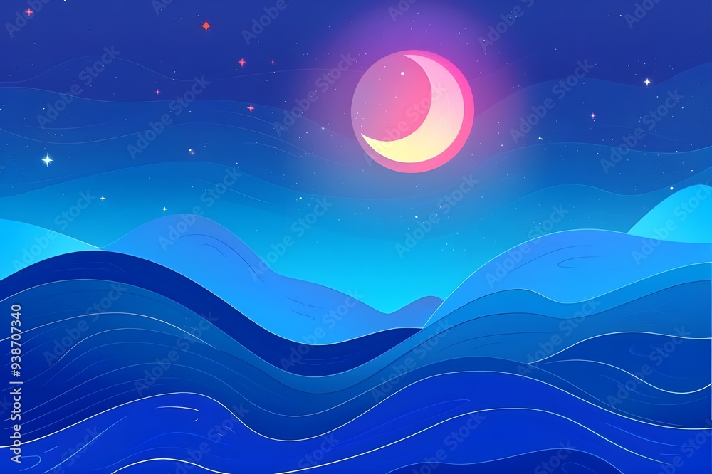 Night Sky with Crescent Moon and Wavy Mountains Night Sky with Crescent Moon and Wavy Mountains